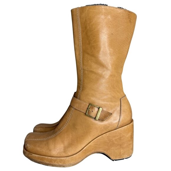 Vintage Y2K Tan Wedge Leather Mid-Calf Boots 6.5Side Zipper & Rubber Sole - Picture 5 of 9